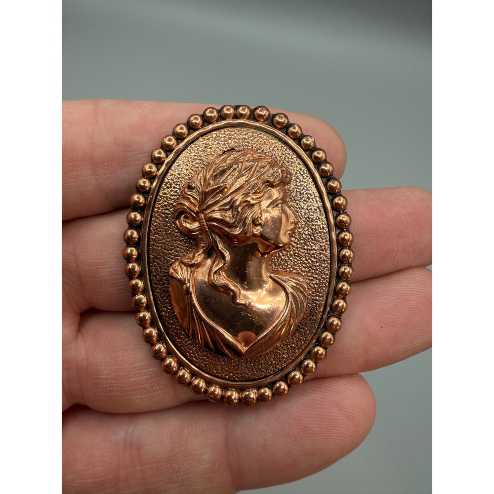 Vintage cooper Cameo Brooch Pendant Gold Tone Classical Lady Portrait #1038